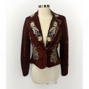 TM True Meaning NWT Blazer Anthropologie Embroidered Velvet Jacket Brown Sz 2